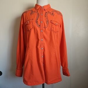 Ariat Orange Fitted Western Snap Embroidered Studded Shirt Long Sleeve Size XXL